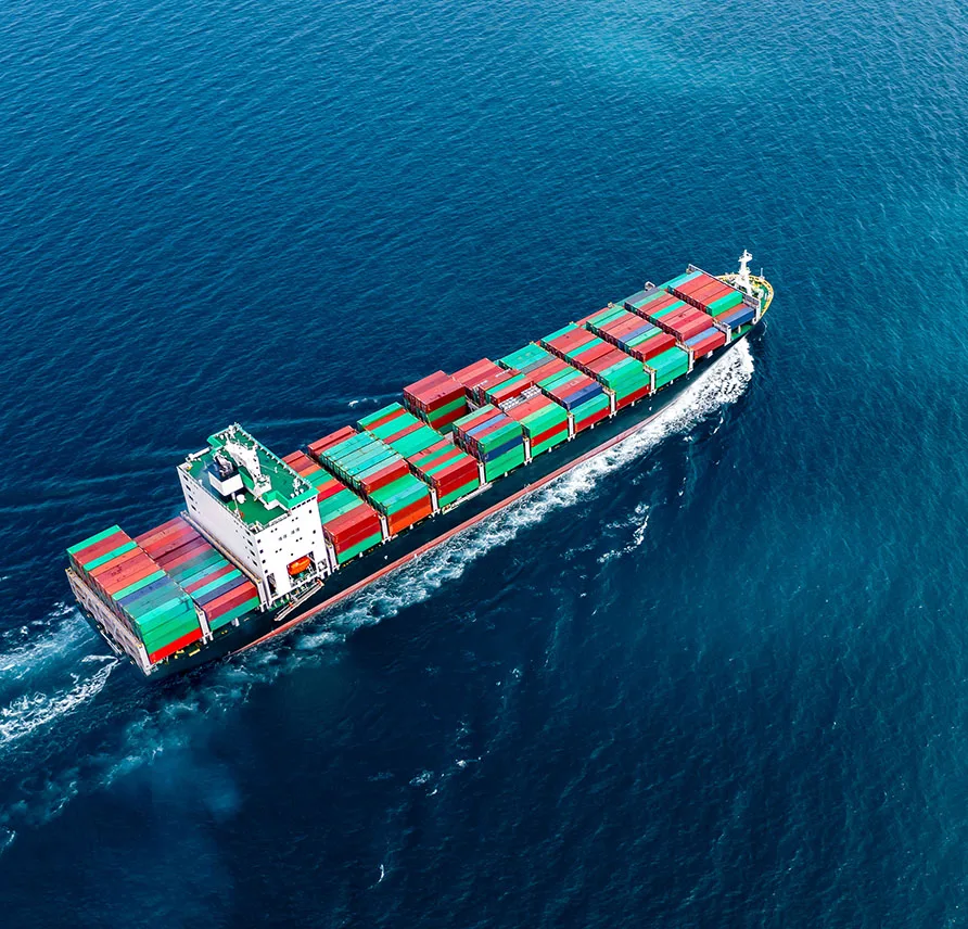 Aerial view of a container ship at sea