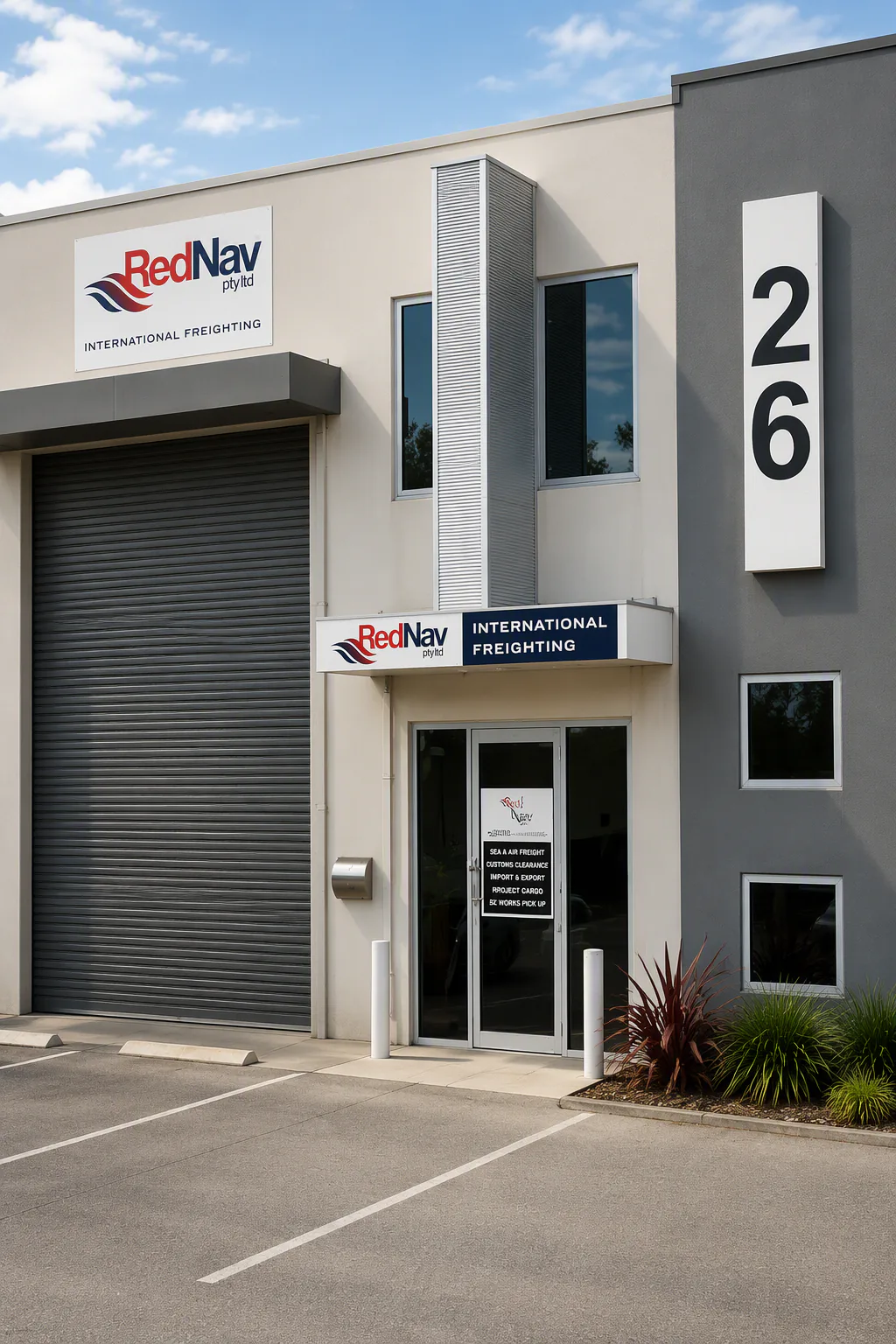 The Red Nav office at Unit 26, Inspiration Drive, Wangara, with the RedNav International Freighting sign above the entrance